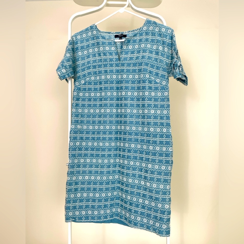 Madewell Cornflower Blue Embroidered Short Tie Sleeve Mini Shift Dress